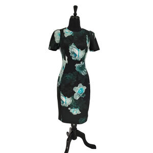 Calvin Klein Woman's Green Floral Ponte Knit Sheath Dress Size 6 Expose Back Zip